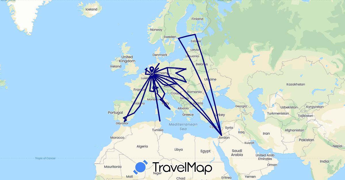 TravelMap itinerary: driving in Austria, Belgium, Switzerland, Czech Republic, Germany, Spain, Finland, Iran, Italy, Liechtenstein, Netherlands, Poland, Sweden, Slovakia, Tunisia (Africa, Asia, Europe)